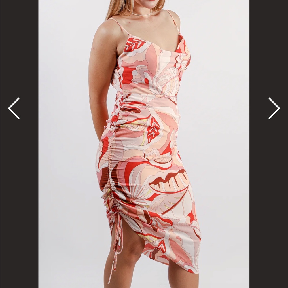 Yellow/teal/green MOD pattern cowl neck dress